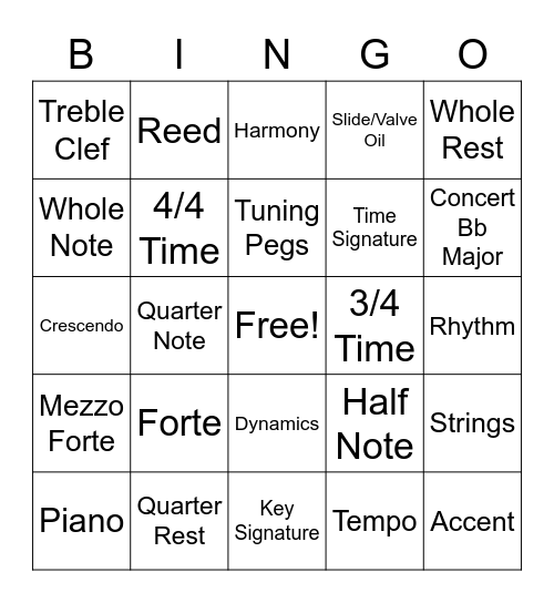7th Grade Music Bingo Card