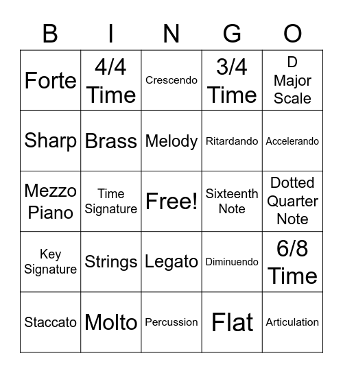 8th Grade Music Bingo Card