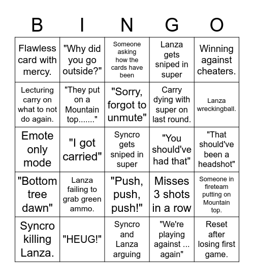 Lanza / Syncro Bingo Card
