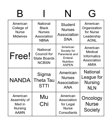 Nursing Organizations Bingo Card