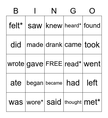 Irregular Verbs Bingo Card