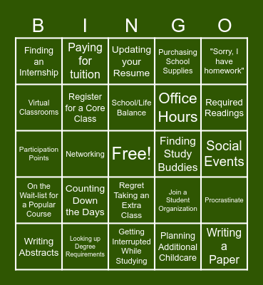 Back to School Bingo Card