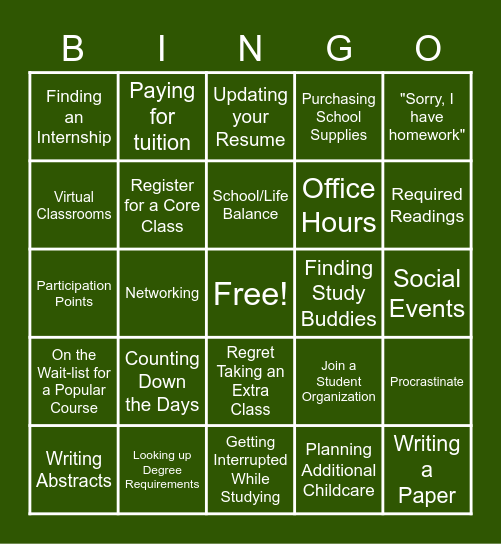 Back to School Bingo Card