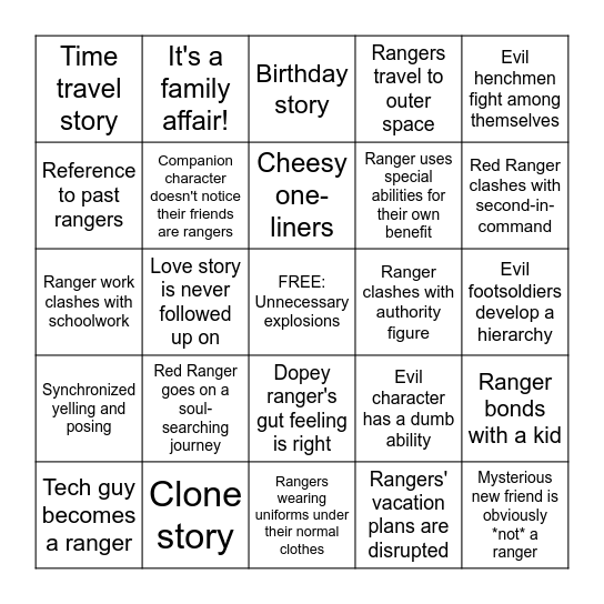 Power Rangers Bingo Card