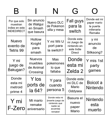 Indigancion Direct Bingo Card