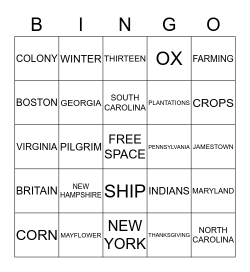 Thirteen Colonies Bingo Card