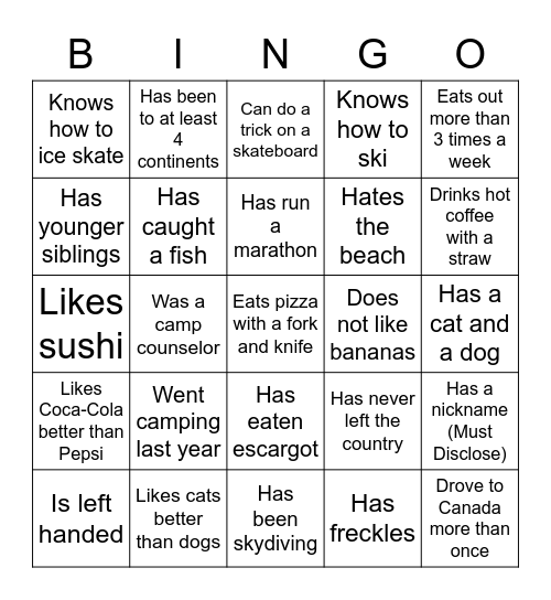 Getting to Know You Bingo Card