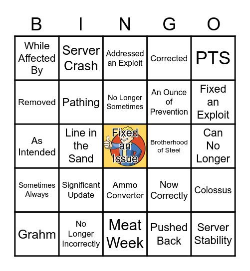 Patch Notes Bingo Card