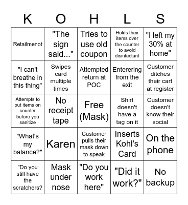 KOHL'S COVID BINGO Card