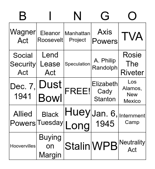 Unit 7 Review Bingo Card