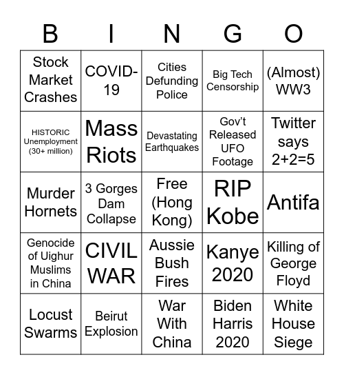 2020 Calamity Bingo Card