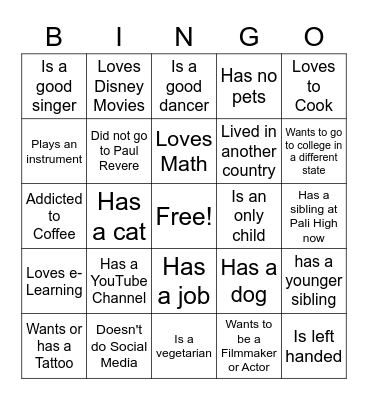 Back to School Bingo Card