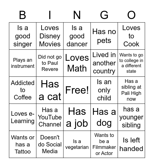 Back to School Bingo Card