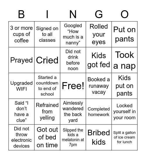 1st Week of Distance Learning Bingo Card