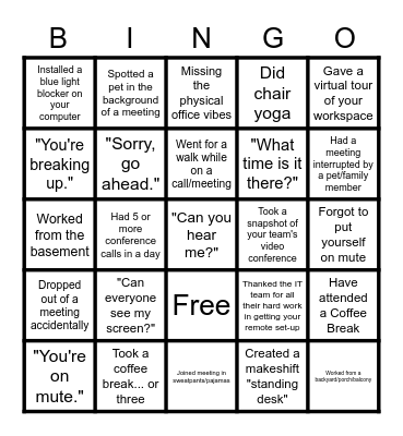 SADA Remote Work Bingo Card