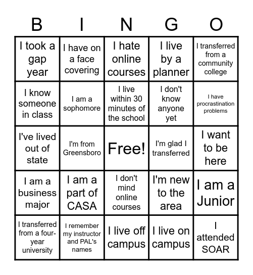 Transfer Student Bingo FYE 101 Bingo Card