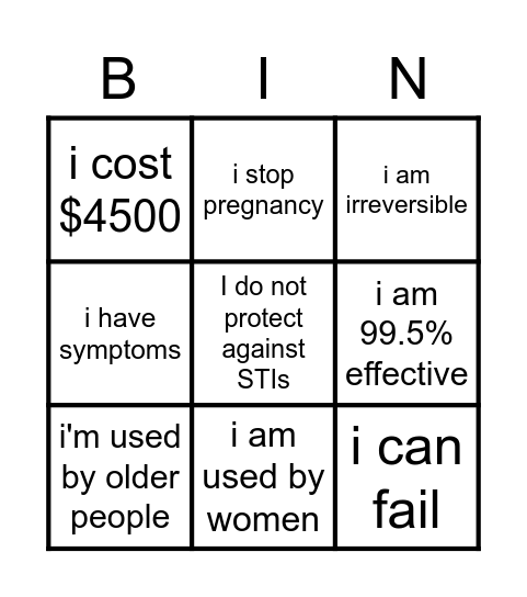 Tubal Ligation Bingo Card