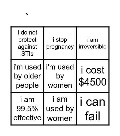 Tubal Ligation Bingo Card