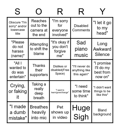 Youtuber Apology Video Bingo Card