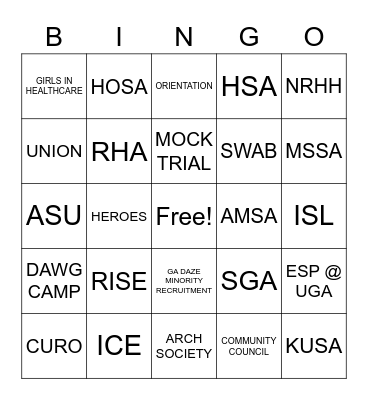 Campus Organizations Bingo Card