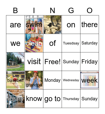 I know the days of the week Bingo Card