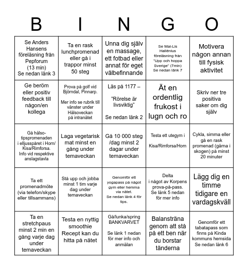Hälsoveckan Bingo Card