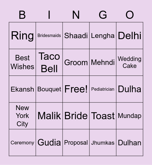 Payal's Bridal Bingo Card