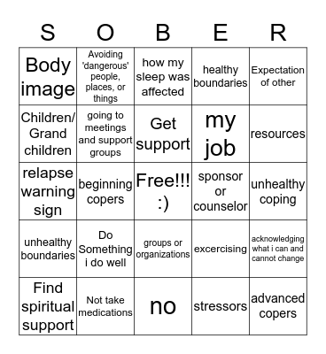 Recovery Bingo Card