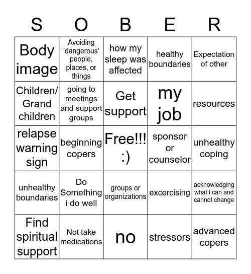 Recovery Bingo Card