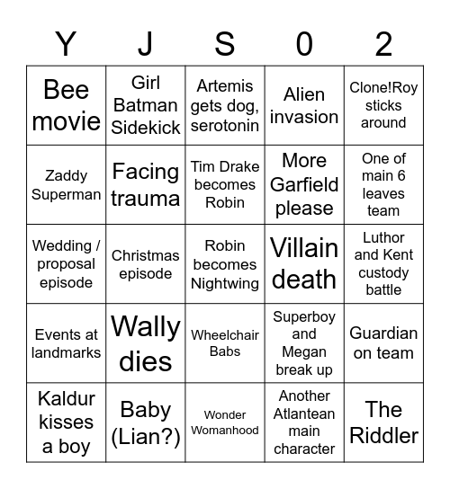 Young Justice S2 Predictions Bingo Card