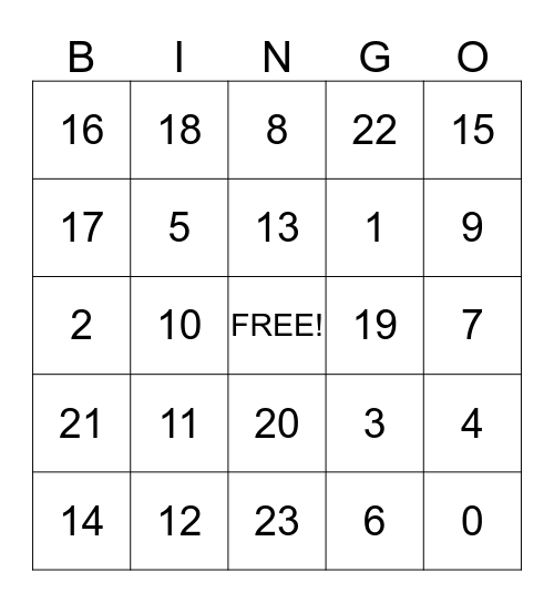 numeros Bingo Card