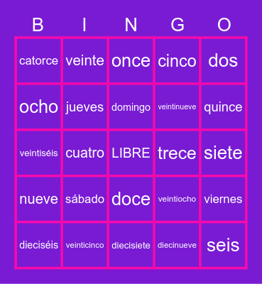 Days, months and numbers en español Bingo Card