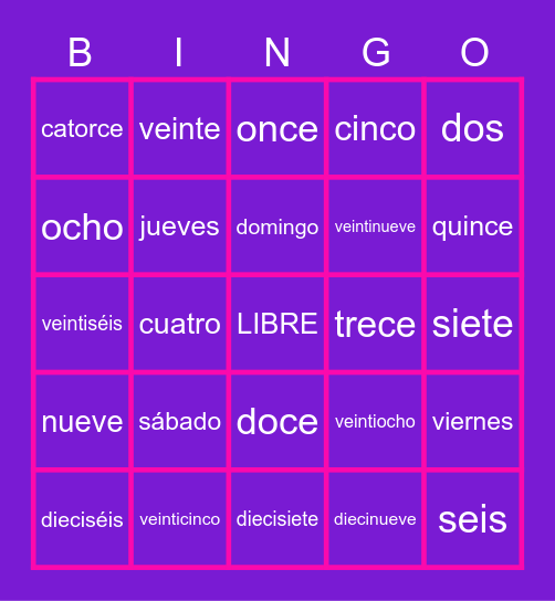 Days, months and numbers en español Bingo Card