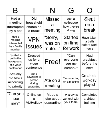 Remote Work Bingo Card