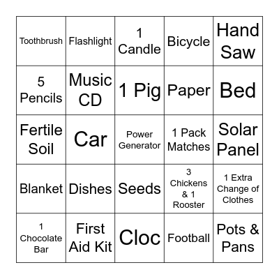 Survival List Bingo Card