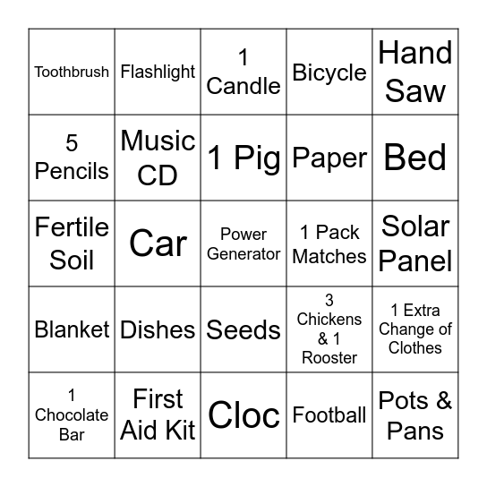 Survival List Bingo Card