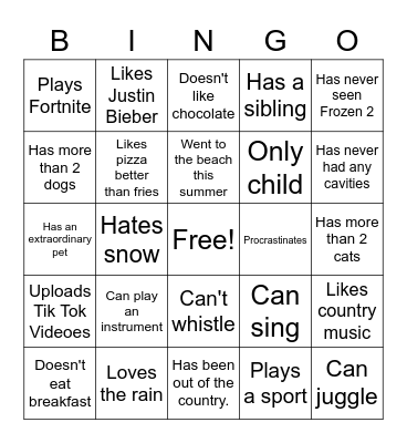 Getting To Know You Bingo Card