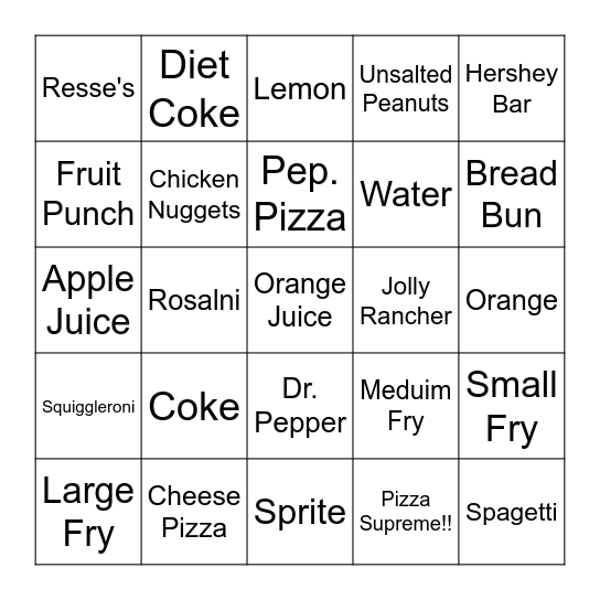 Menu Bingo Card