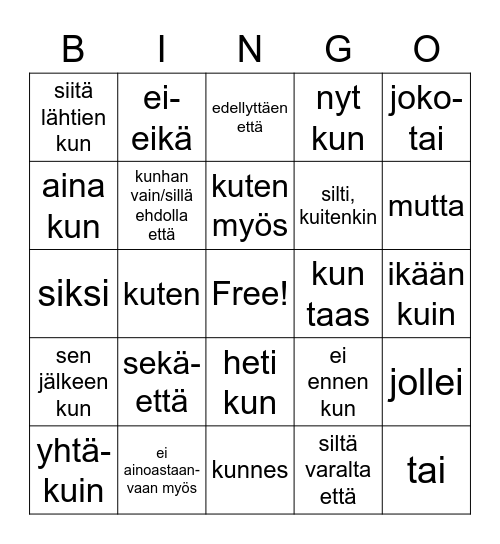 ENA7 Conjunctions Bingo Card