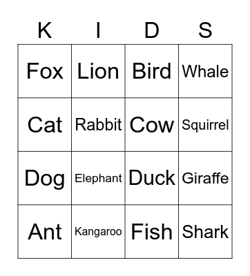 Animals Bingo Card