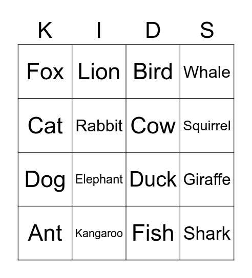 Animals Bingo Card