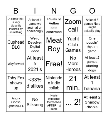 Indie World Bingo Card