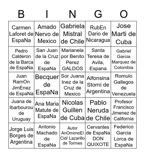 Autores Hispanos y EspaNoles Bingo Card