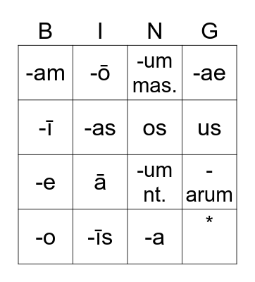 Declensions 1-2 Bingo Card