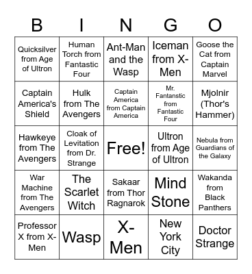 UWYO Marvel Bingo Card