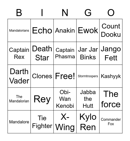 UWYO Star Wars Bingo Card