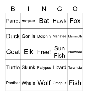 UWYO Animals Bingo Card