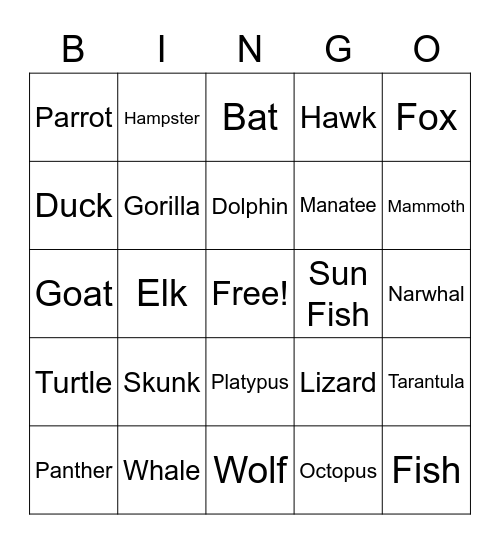 UWYO Animals Bingo Card