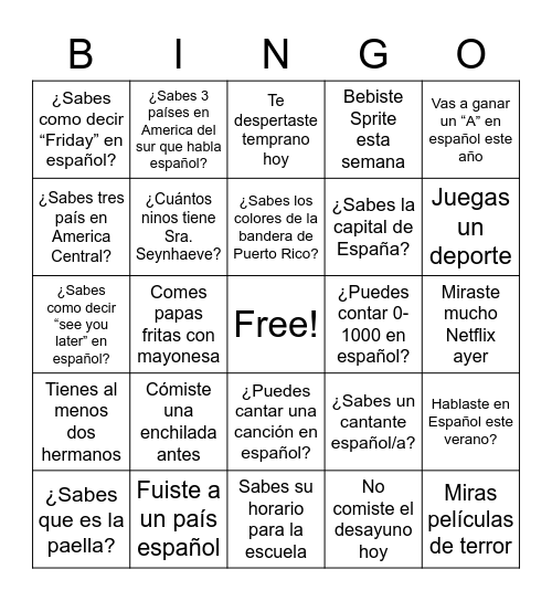 Español III Bingo Card