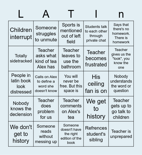 Latin Class Online Edition Bingo Card